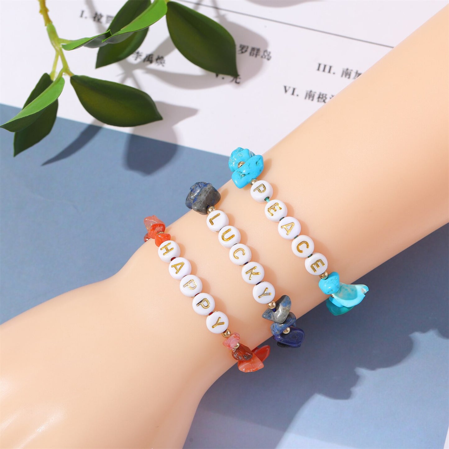 12Pcs Natural Gemstone Bracelets Chakra Crystal Healing Irregular Chips Beads Stretch Bracelets for Women Summer Alphabet Anklet