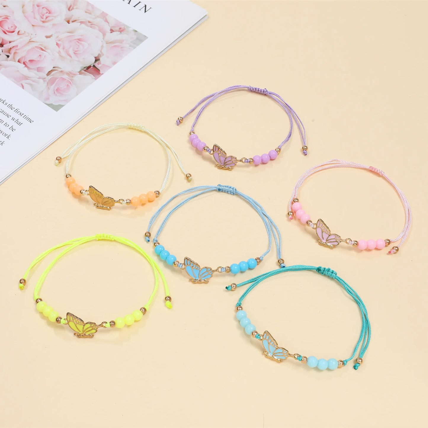 12pcs Color Painted Oil Butterfly Pendant Friendship Woven Bracelet for Women Men Adjustable Hand Woven Couple Jewelry