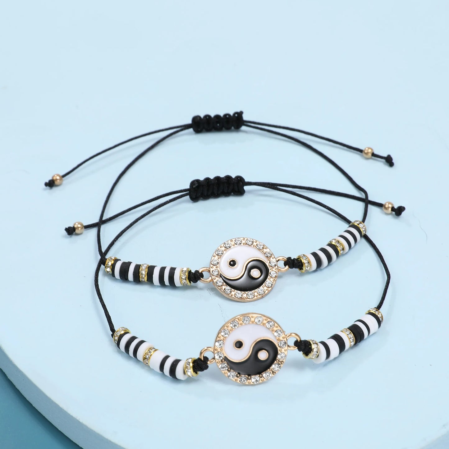 12pcs Black/white Yin Yang Tai Chi Pendant Soft Clay Braided Bracelets Good Luck Charm Adjustable Bracelet