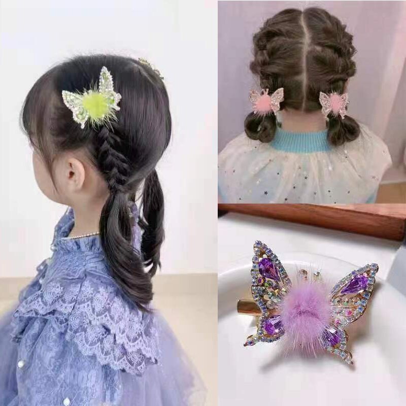 Fashion 3D Butterfly Faux Fur Hair Clips Flying Shiny Rhinestone Hairpin Barrettes for Women GirlsPonytail Holder Hairpins