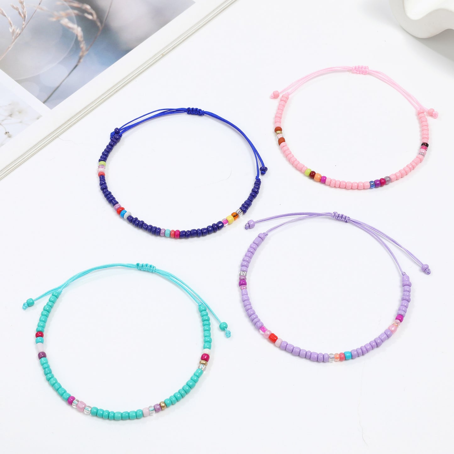 12pcs/lot Colorful Seeds Bead Bracelet for Women Men Adjustable Size Hand-woven Rope Chain Acrylic Bead Anklets