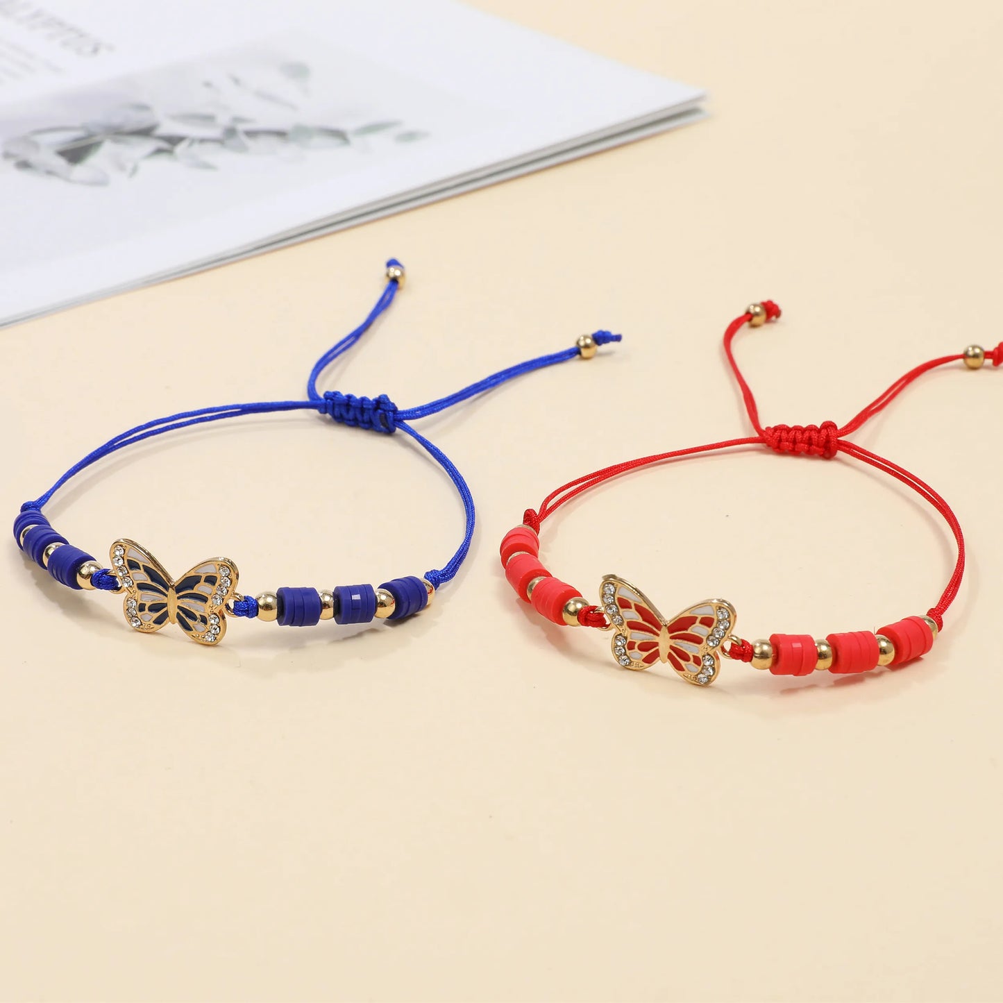 12pcs/lot Butterfly Pendant Braided Bracelets for Women Animal Colored Polymer Clay Adjustable Woven Rope Bohemia Jewelry