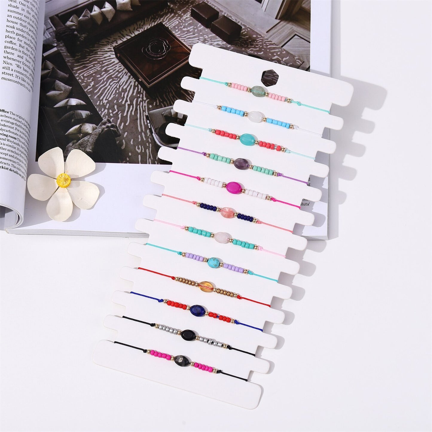 12Pcs/Lot Seed Beads Natural Stone Charms Bracelets Wish Bracelets Adjustable String Wish Bracelets Jewelry Gifts for Girls