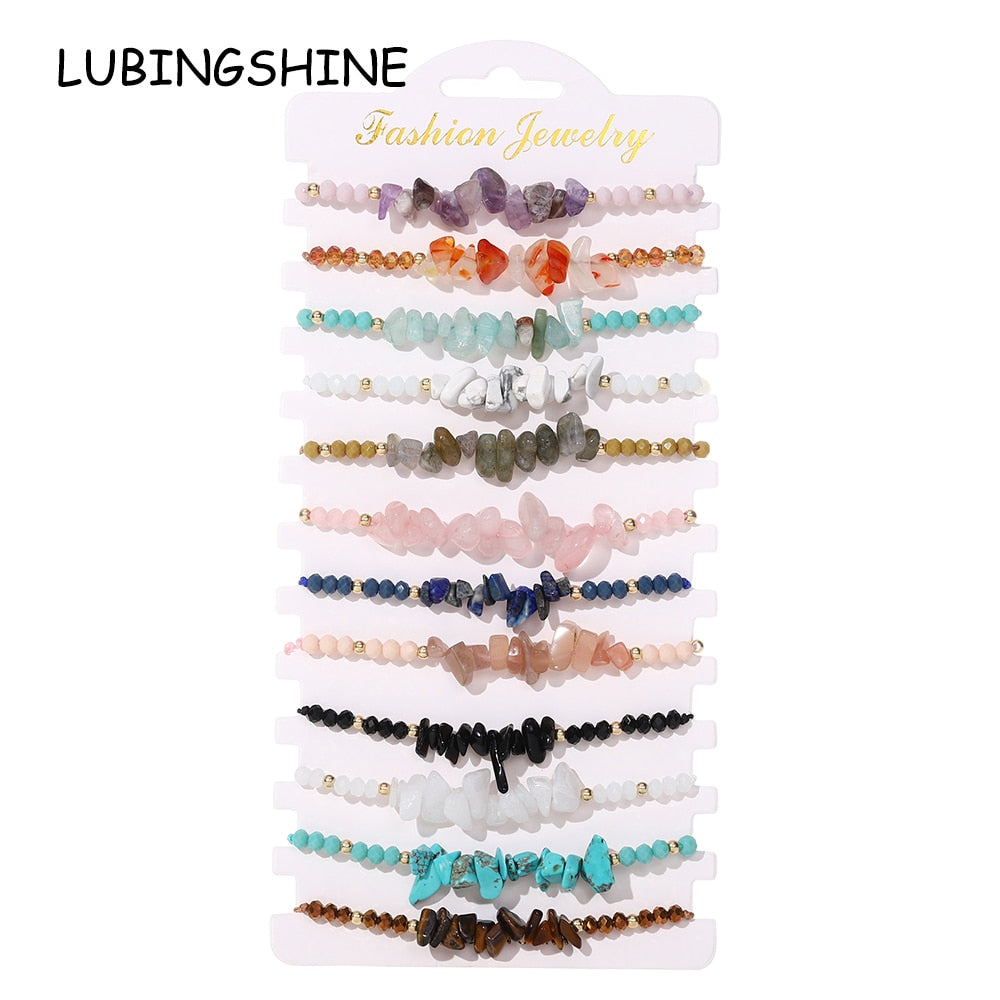 12pcs/lot Natural Stone 7 Chakra Bracelets for Women Reiki Healing Crystal Bracelet Tiger Eye Lapis Lazuli Chip Gravel Jewelry