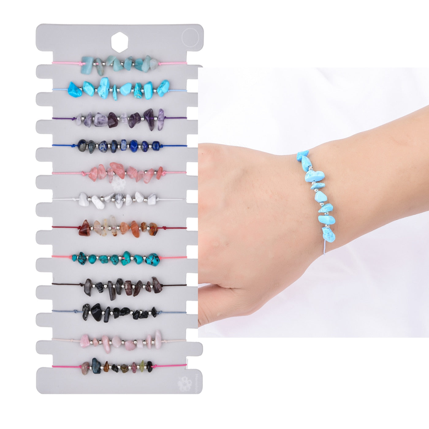 12pcs Natural Stone Amethyst 7 Chakra Bracelets Healing Crystal Bracelet Chipped Gravel Beads Gifts for Women Anklet Mix Colors