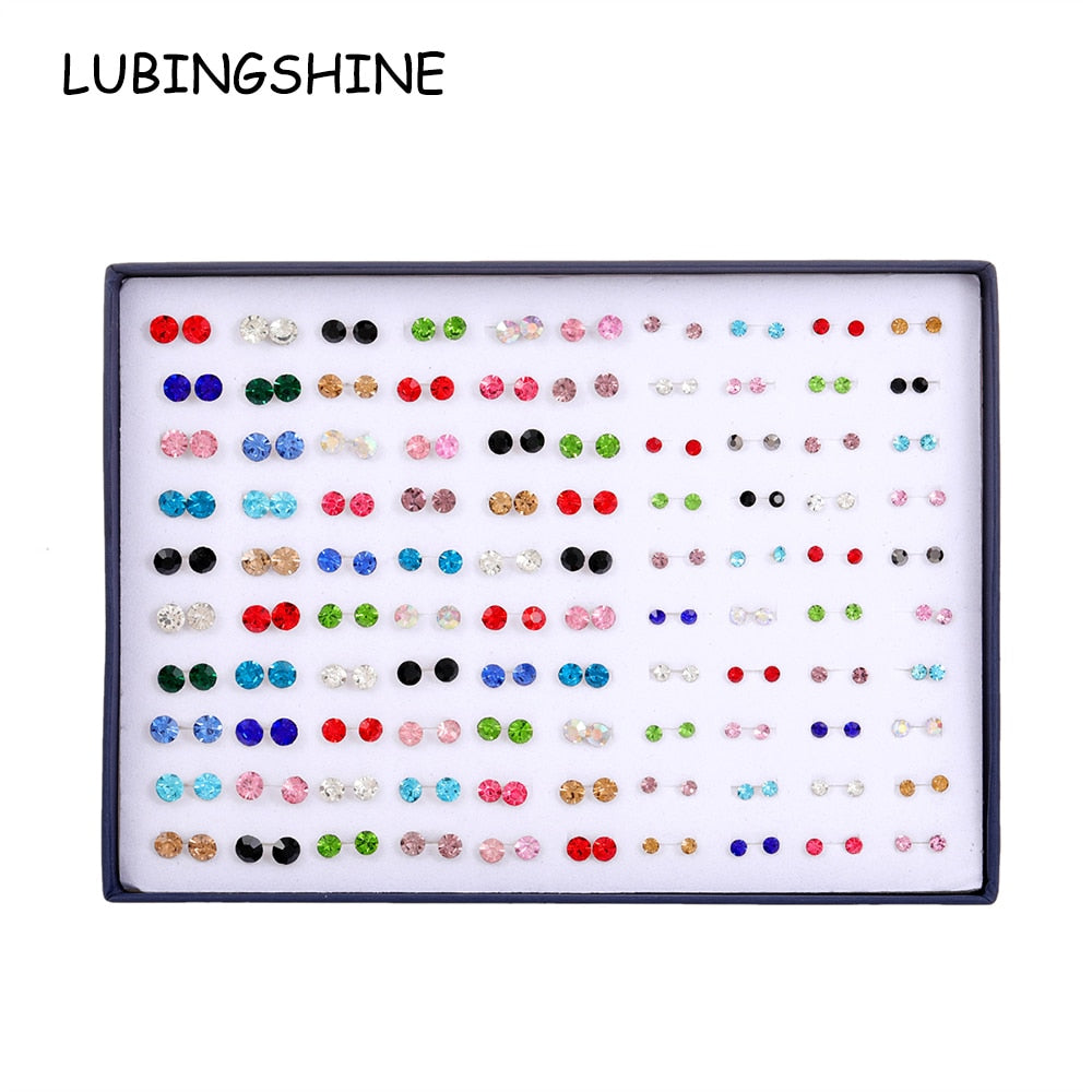 100 Pairs Women Acrylic Crystal Small Stud Earrings Sets Girl Child Heart Star Animal Moon Crown Earring Jewelry with Gift Box