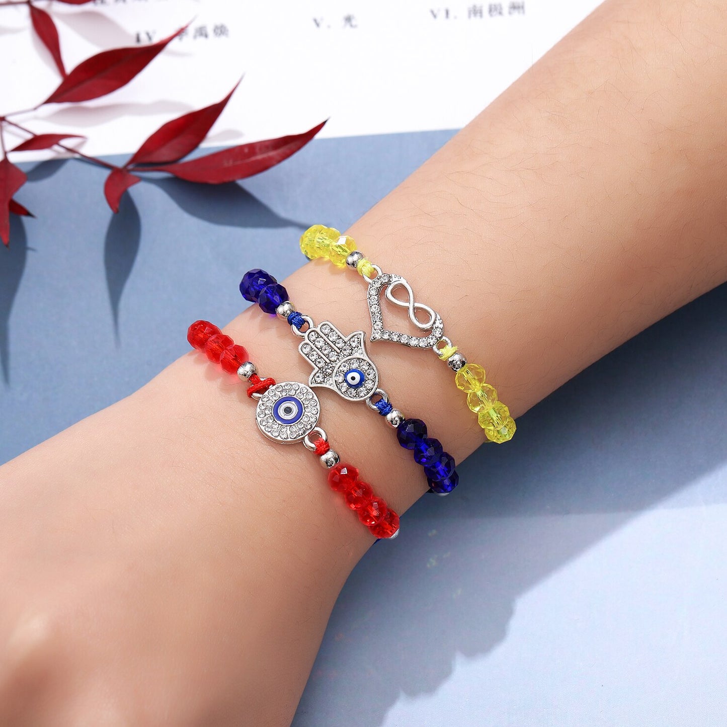 Boho 12pcs/Sets Infinite Love Heart Bracelets for Women Child Rhinestones Adjustable Rope Chain Evil Eye Charms Anklets Jewelry