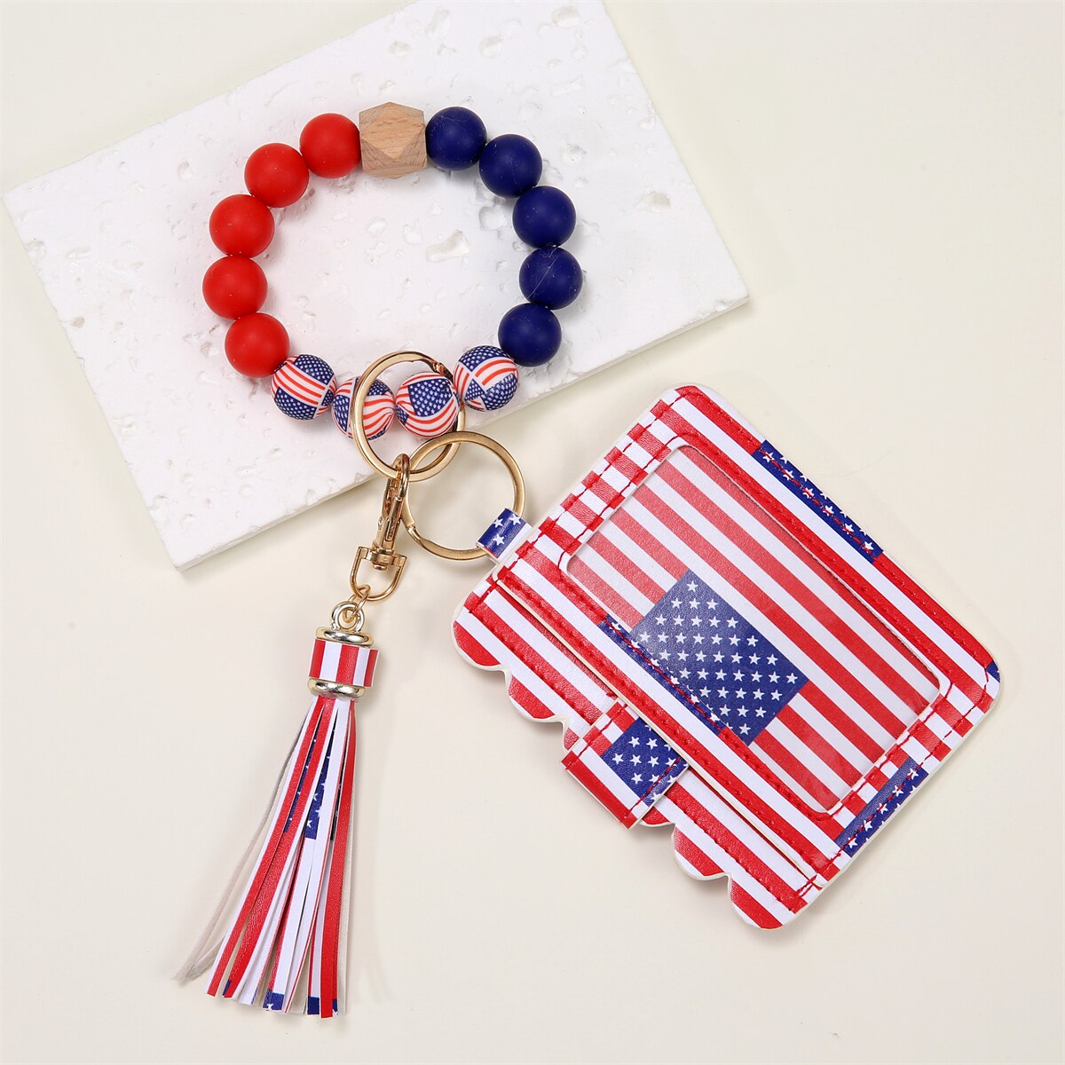 American Flag Wristlet Bracelet Keychain Wallet for Women Credit Card Holder Tassel Keyring Bangle Lipstick Holder
