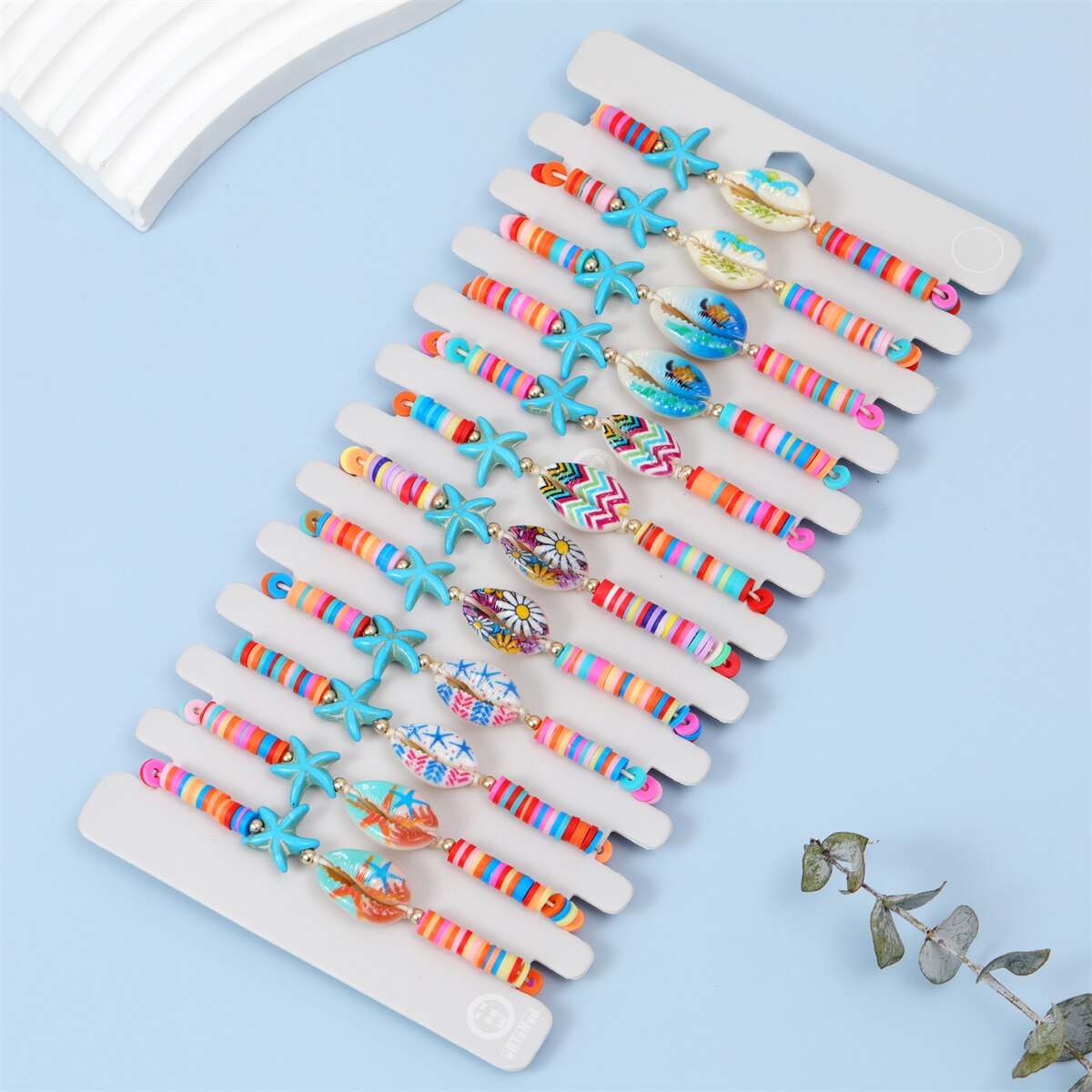 12 Pcs Beach Shell Starfish Pendant Bracelet Anklet for Women Summer Handmade Ankle Adjustable Clay Stackable Wholesale
