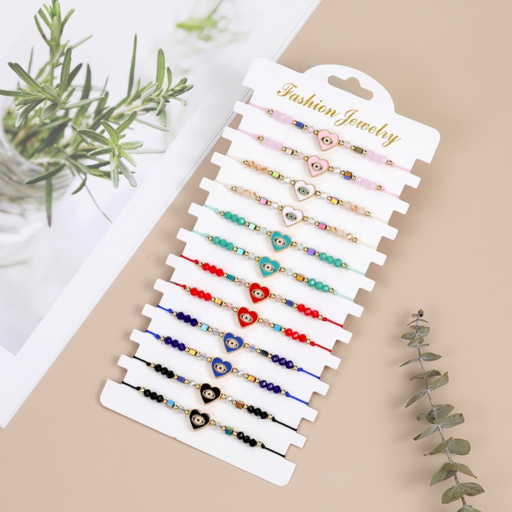 12pcs Love Heart Charms Bracelets for Women Rhinestone Beads Woven Rope Braided Evil Eye Bracelet Bangle Child Fashion Jewelry