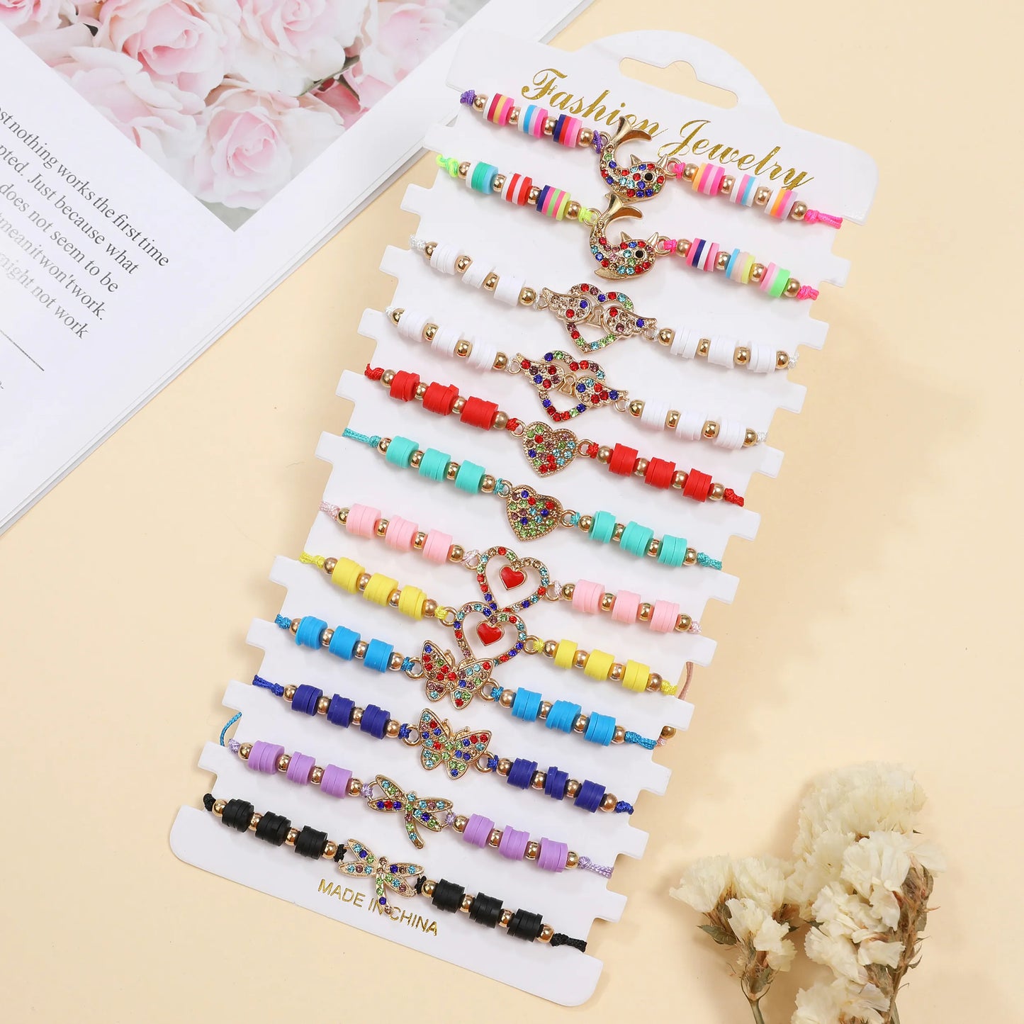 Women 12pcs Butterfly Dragonfly Love Dolphin Pendant Bracelet Colored Crystal Inlaid Adjustable Couple Bracelets Anklets Gift