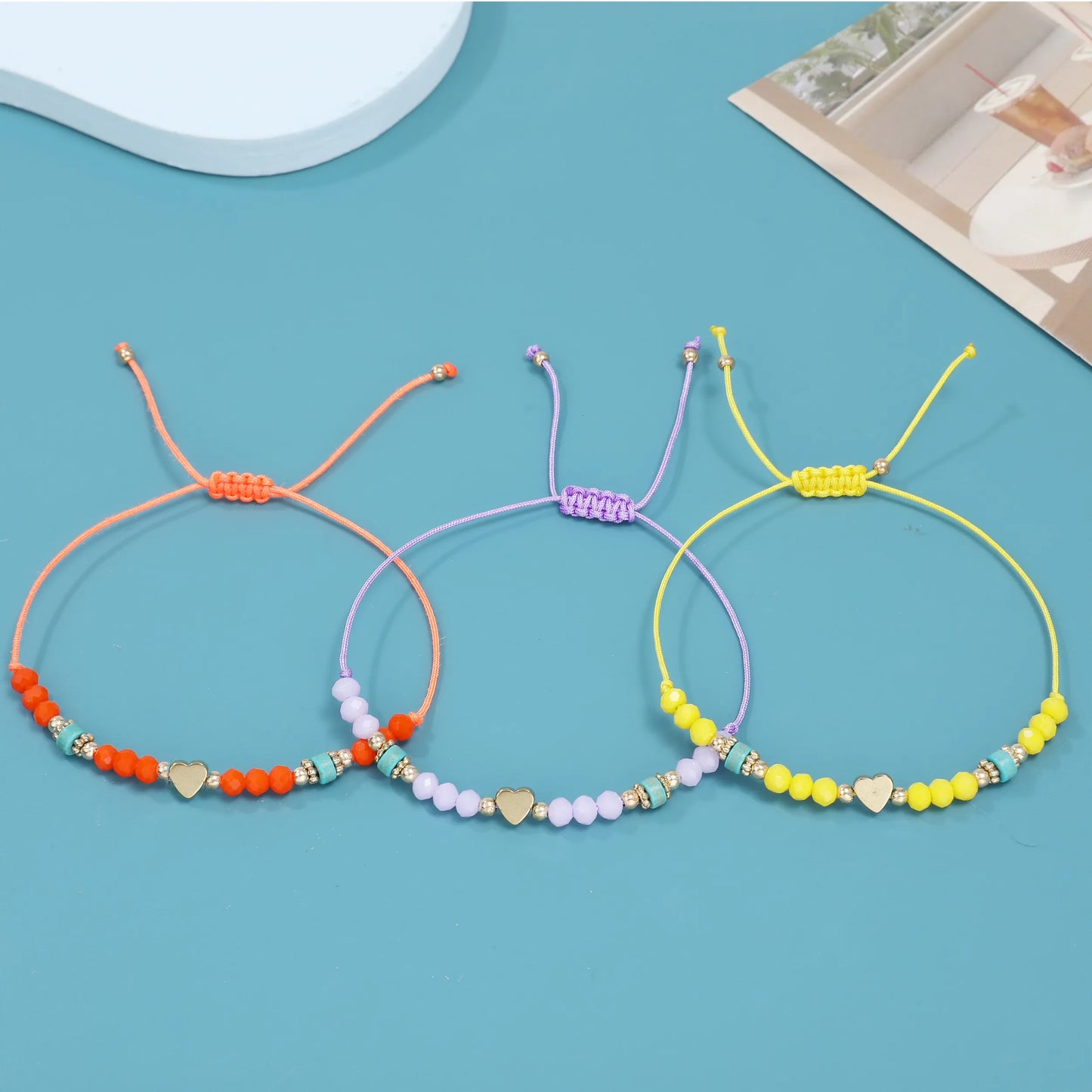 12pcs Colorful Crystal Beaded Braided Heart Bracelet Small Fresh String Beach Yoga Adjustable Women Jewelry Wholesale