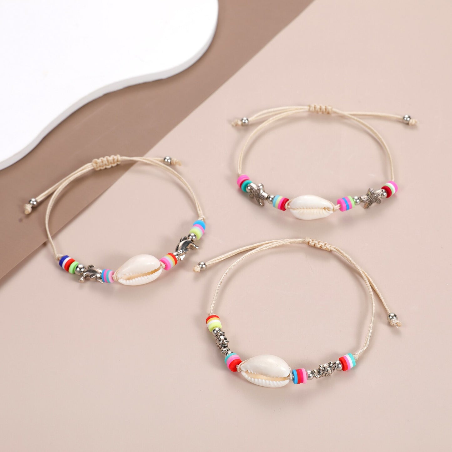 Boho 12pcs/lot Ocean Turtle Starfish Charms Bracelets Adjustable Rope Chain Yoga Soft Clay Wristband for Women Holiday Jewelry