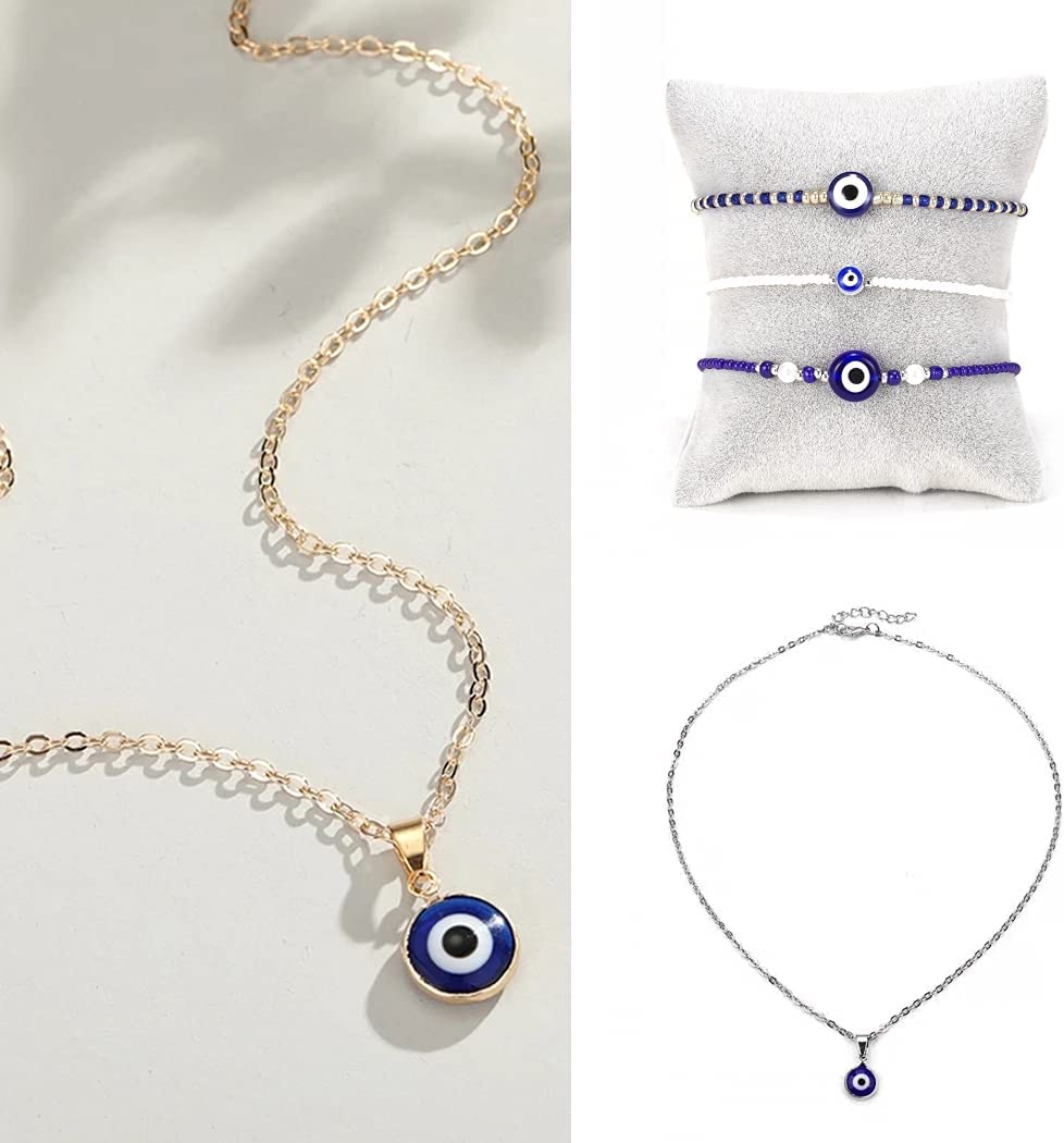 100pcs Evil Eye Beads Royal Blue Resin Lampwork Evil Eye 8MM Beads with Elastic Rope for DIY Crafts Making Accessories