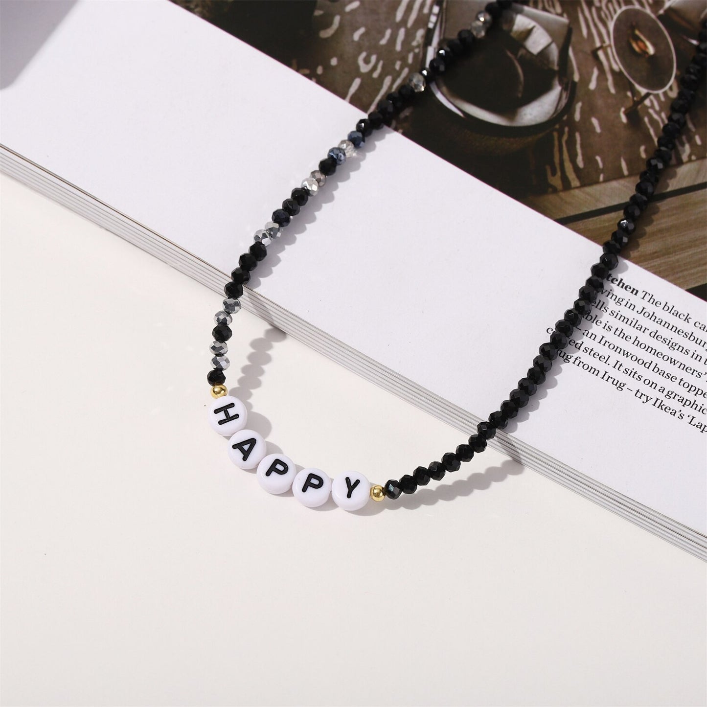 Fashion Crystal Beads Letter HAPPY Necklace for Women Simple Alphabet Beaded Chokers Jewelry Accessories