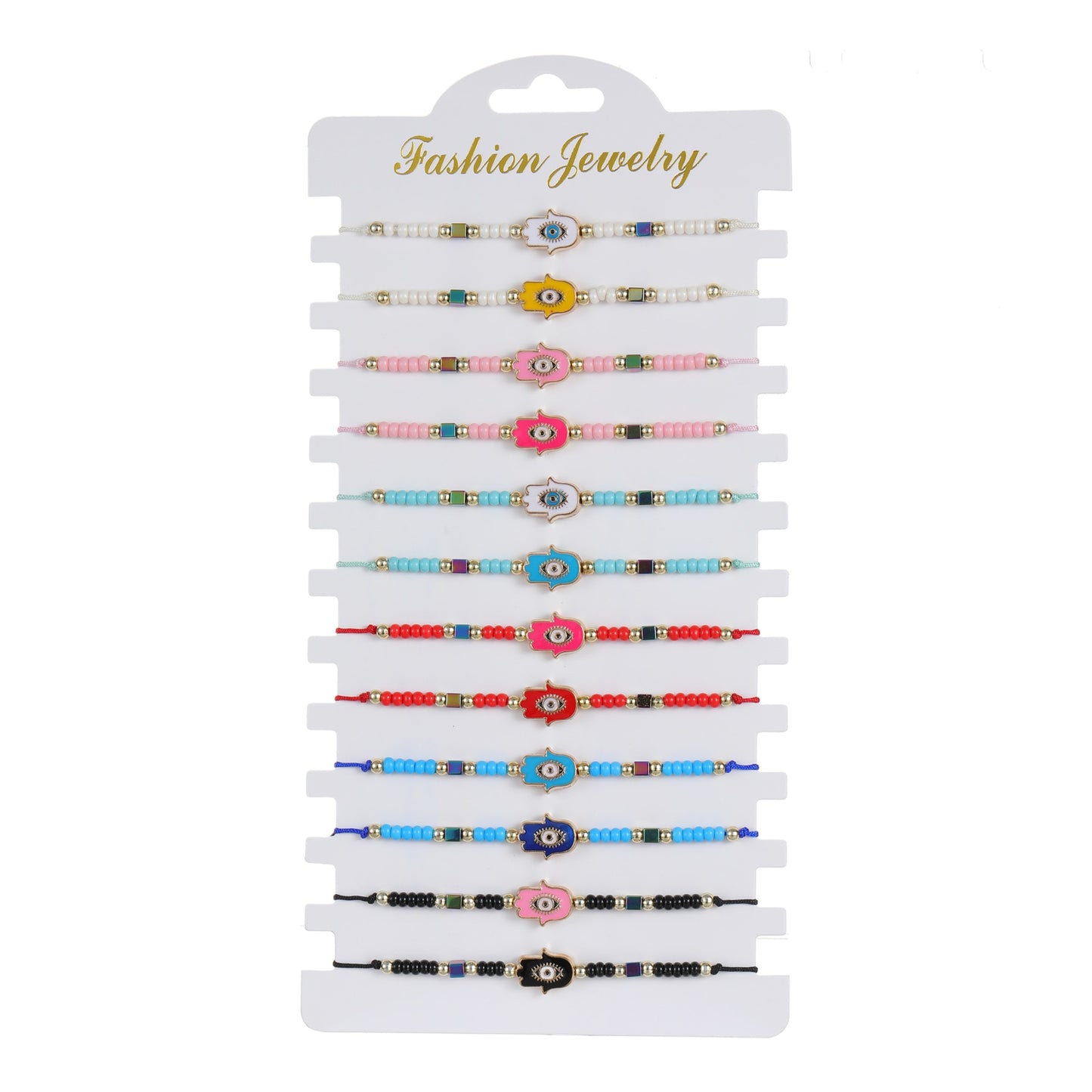 12pcs Color Oil Painting Fatima Hand Evil Eye Braided Bracelets for Women Child Adjustable Rope Chain Anklets Handmade Jewelry