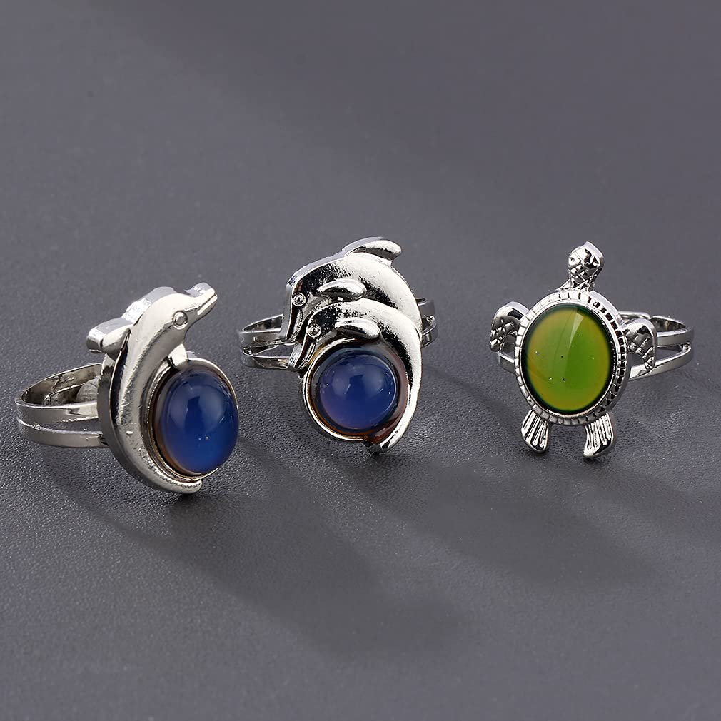 3Pcs/lot Animal Mood Ring Adjustable Size Turtle Dolphin Temperature Change Color Rings for Women Decoration Gifts