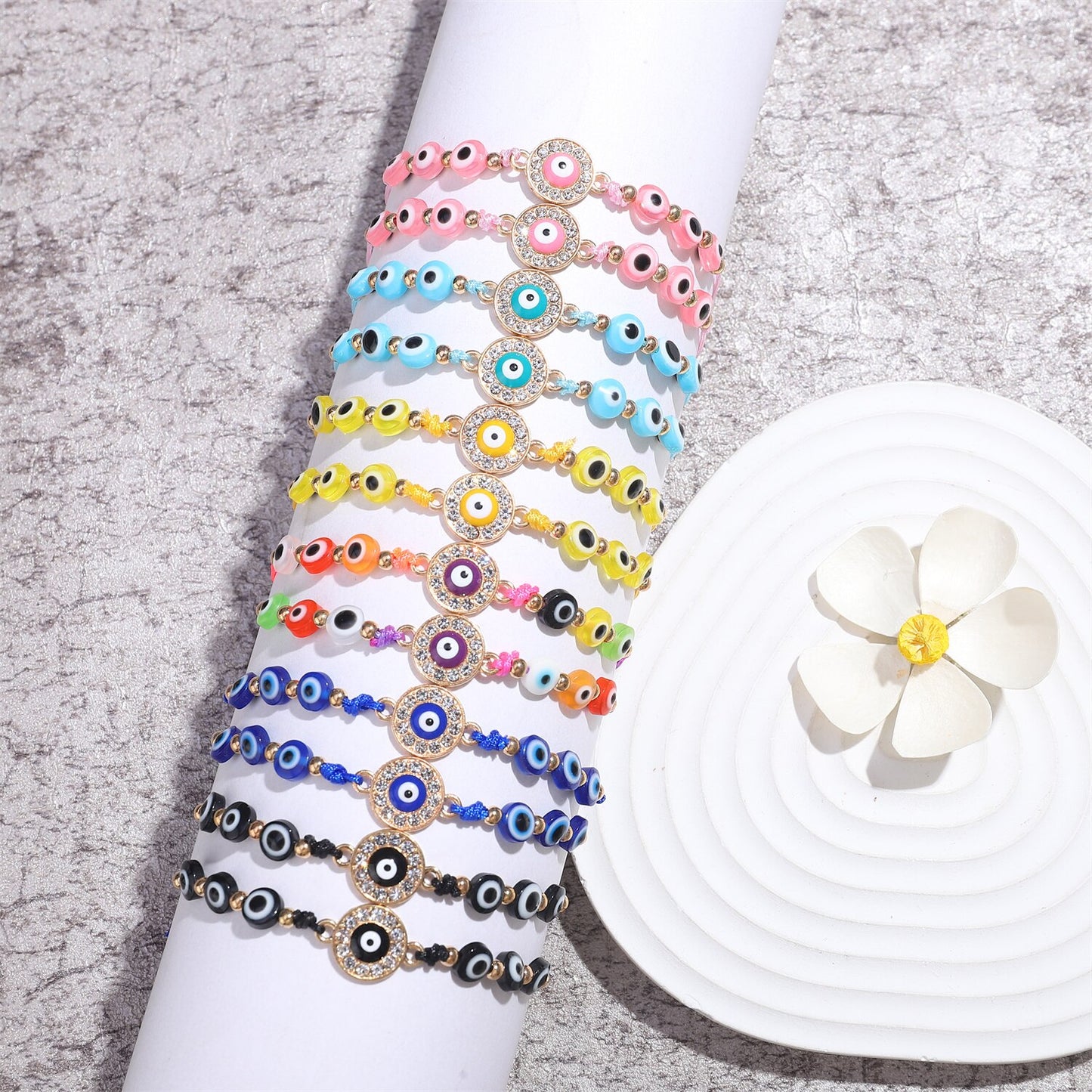 12pcs/lot Colorful Evil Eye Crystal Beaded Bracelets for Women Adjustable Beads Anklets Girl Wristband Cuff Jewelry Wholesale