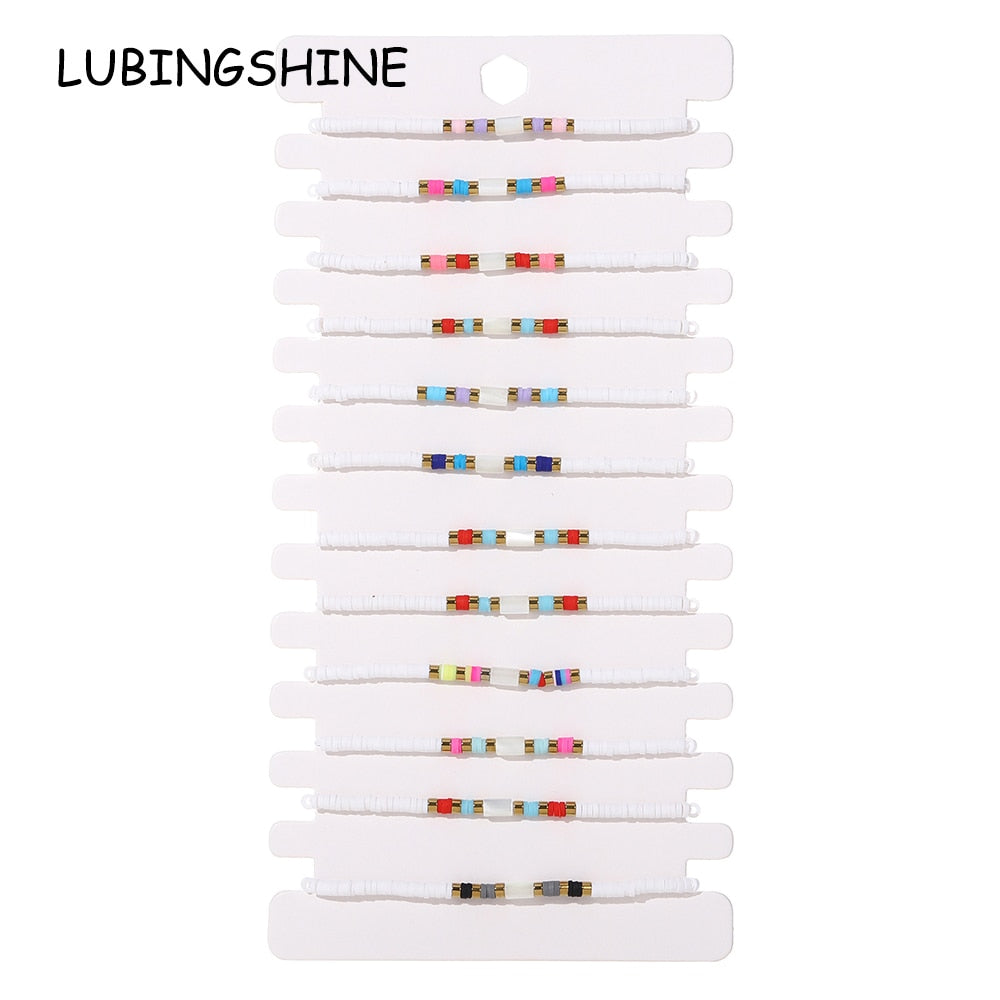 12pcs Smoky Shell Beads Stackable Bracelet Polymer Beaded Stretch Bracelet Bohemia Aesthetic Summer Beach Jewelry for Women