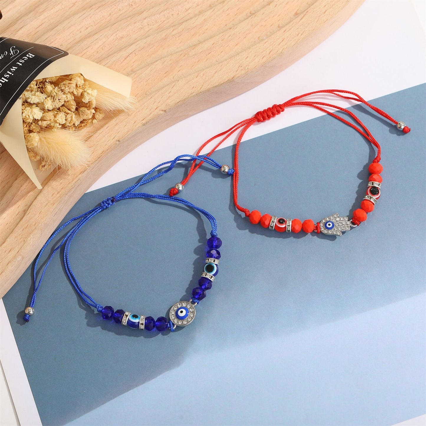 12pcs/lot Blue Evil Eye Crystal Beaded Charms Bracelets for Women Adjustable Beads Anklets Child Girl Wristband Cuff Jewelry