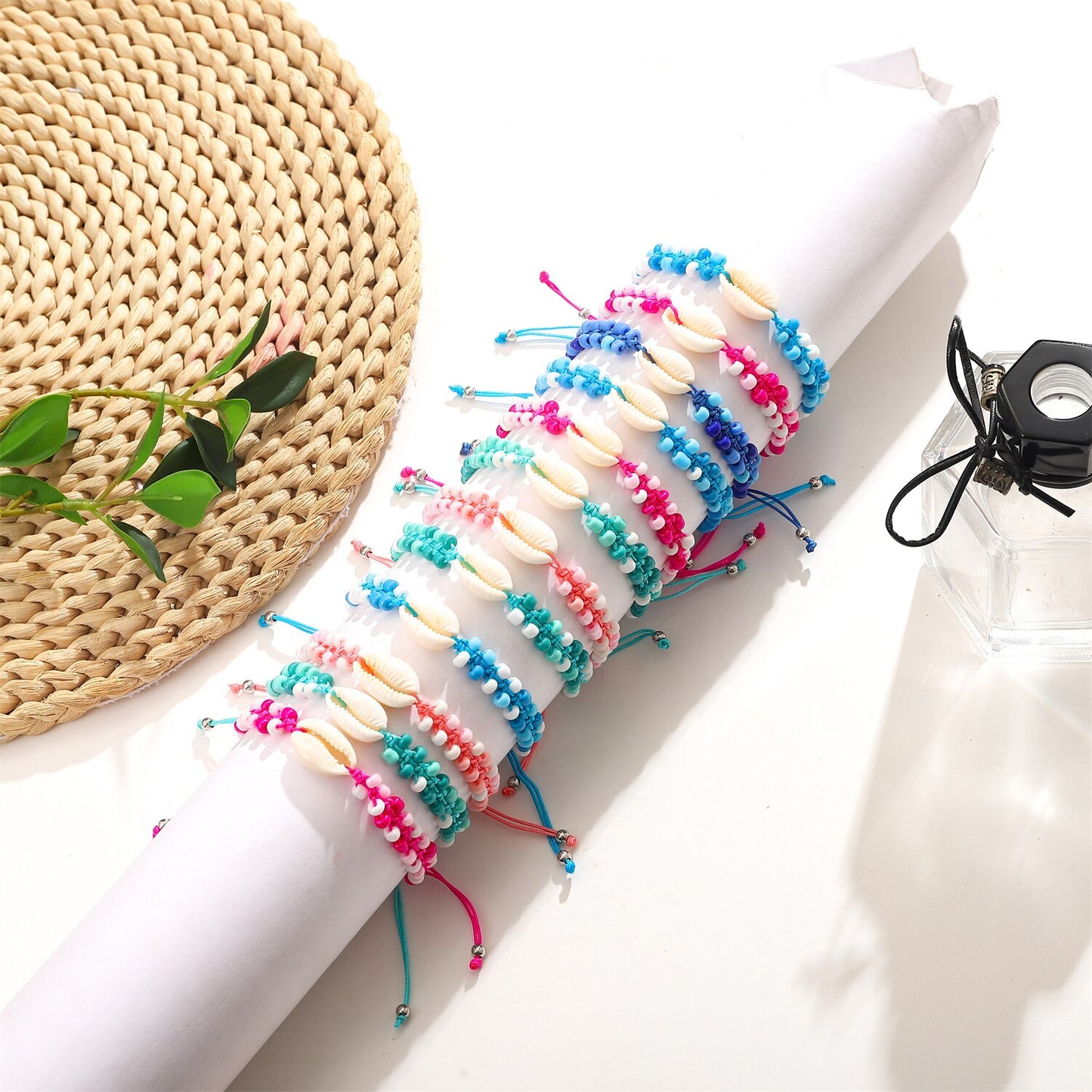 12pcs/lot Colorful Wide Wax Rope Shell Charms Braided Bracelets for Women Adjustable Rope Chain Anklets Beach Handmade Jewelry
