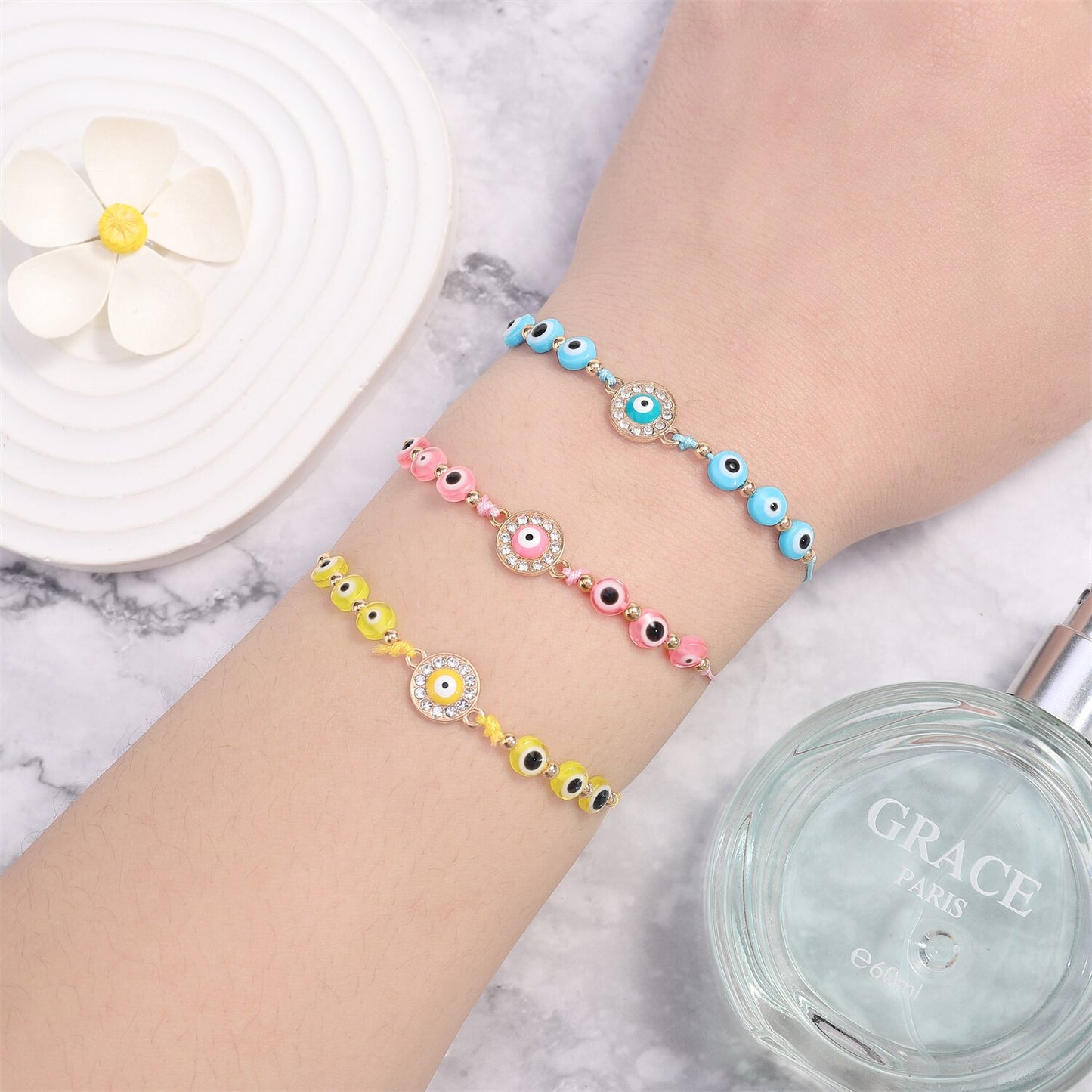 12pcs/lot Colorful Evil Eye Crystal Beaded Bracelets for Women Adjustable Beads Anklets Girl Wristband Cuff Jewelry Wholesale