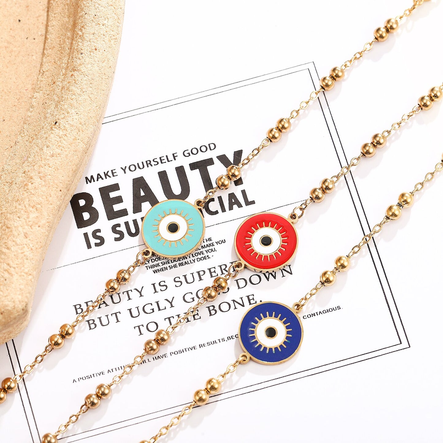 Turkey Stainless Steel Round Evil Blue Eye Charm Bracelet Gold Silver Color Brass Chain Bracelets for Women Men 2023 New
