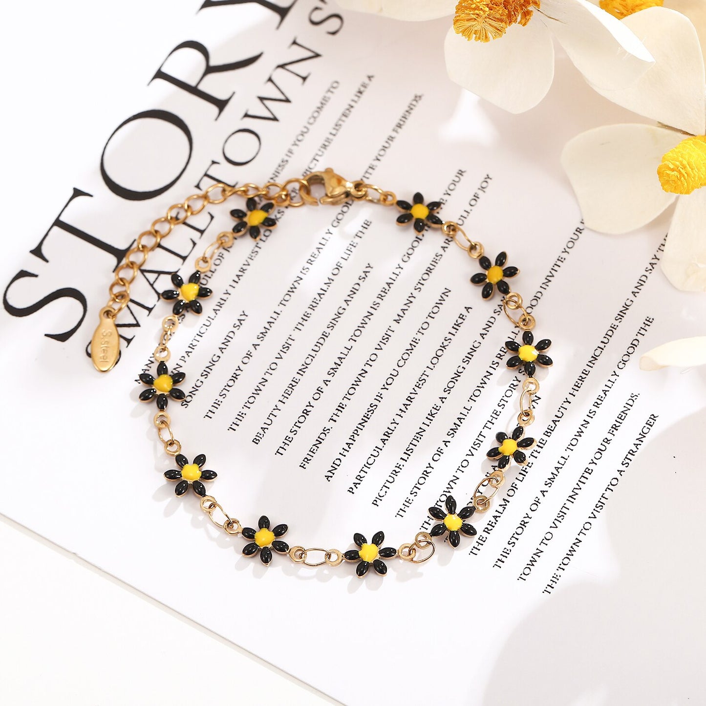 Women Stainless Steel Oil Drip Colorful Sunflower Pendant Bracelet Trendy Steel Titanium Minimalist Flower Bangle Anklet Jewelry