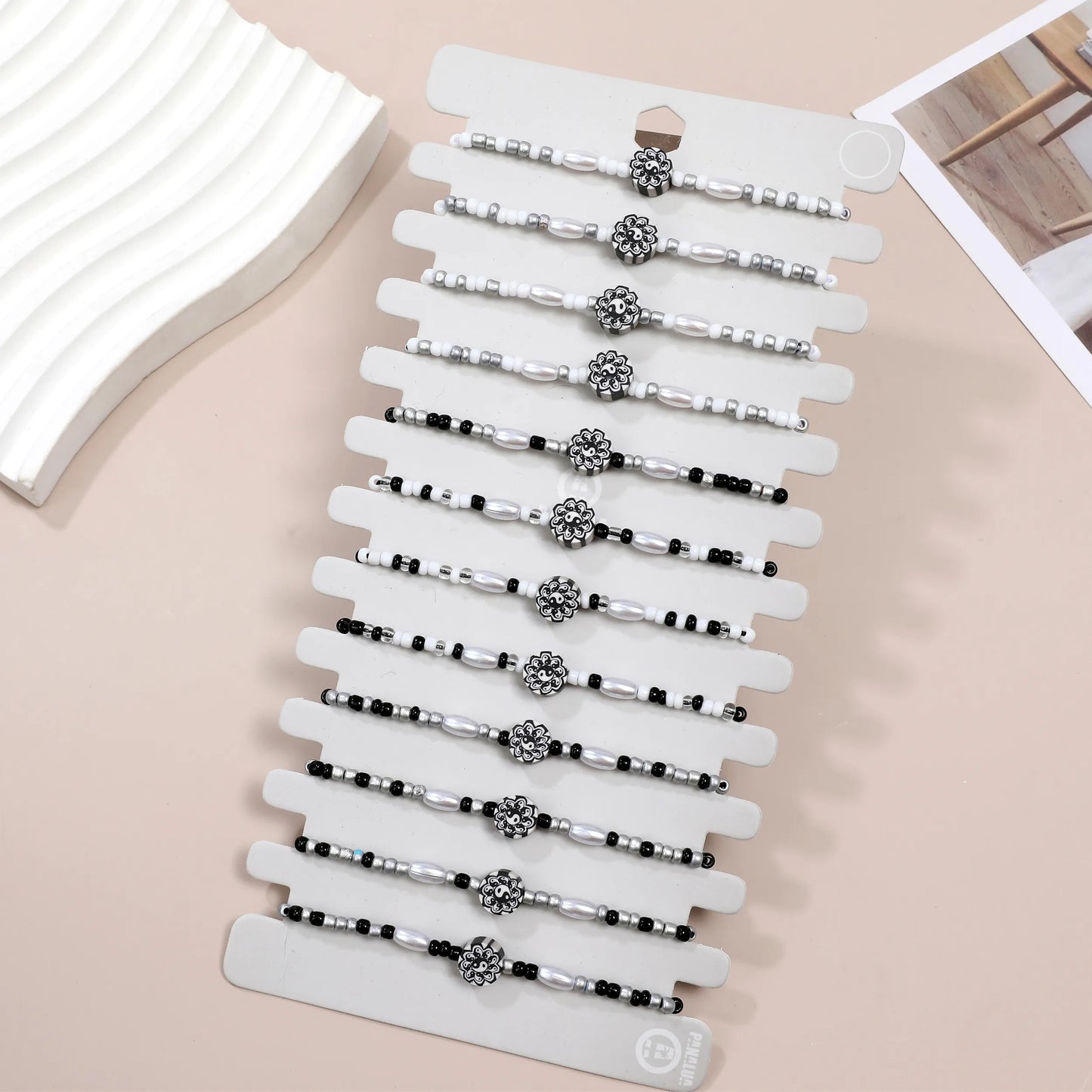12pcs Crystal Beaded Yin and Yang Tai Chi Pendant Flowers Bracelet for Men Women Adjustable Couple Bracelets Anklets