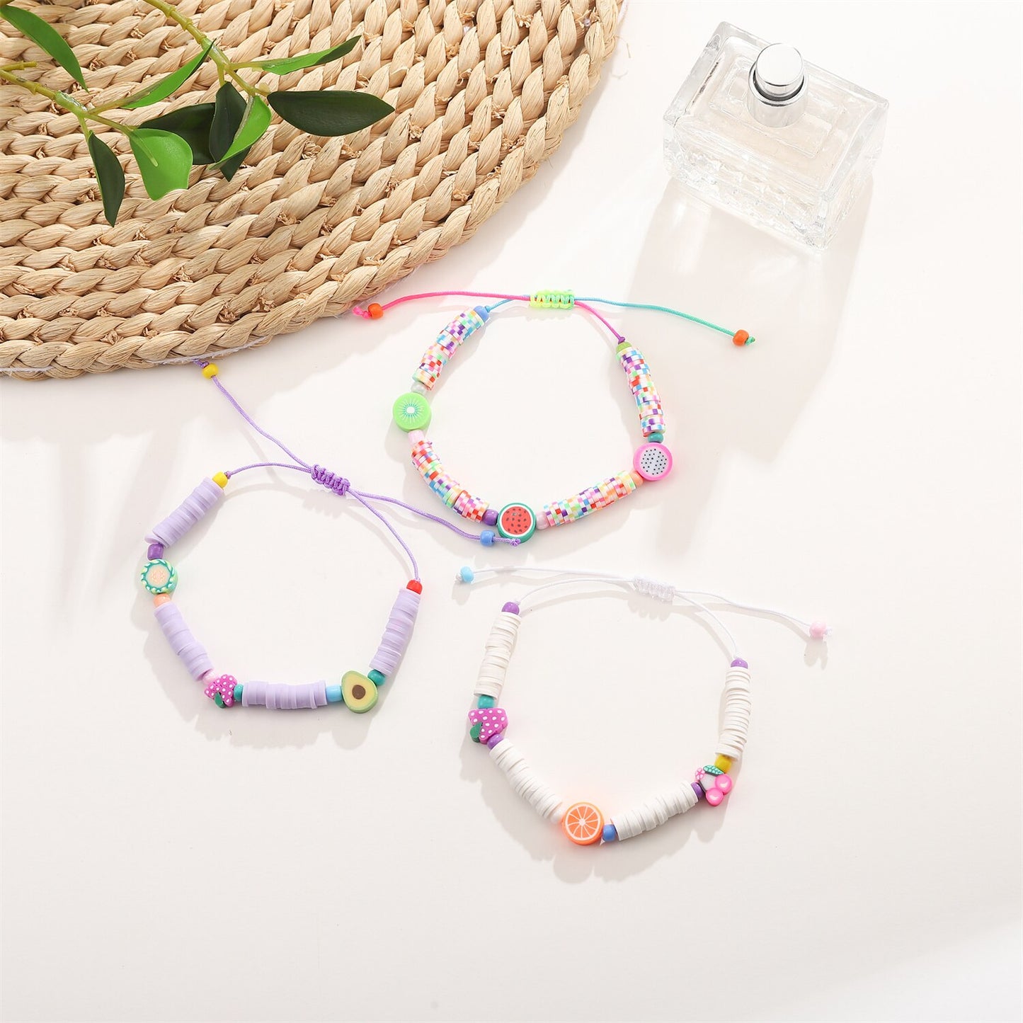 Boho 12pcs/lot Women Grape Apple Fruit Pendant Charms Bracelets Set Clay Braided Adjustable Rope Chain Anklet Jewelry