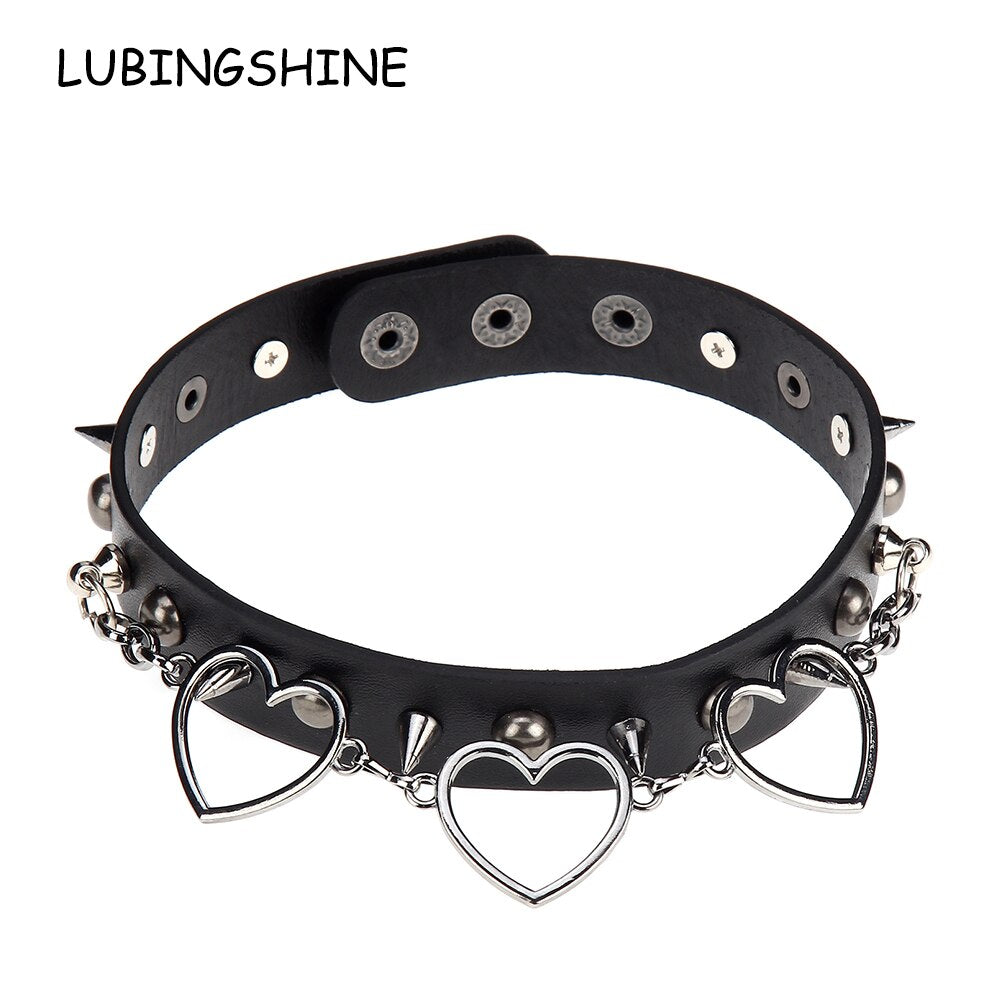 Punk Heart Pendant Leather Choker Collar for Women Girl Studded Punk Silver Color Chain Harajuku Collars Sexy Jewelry