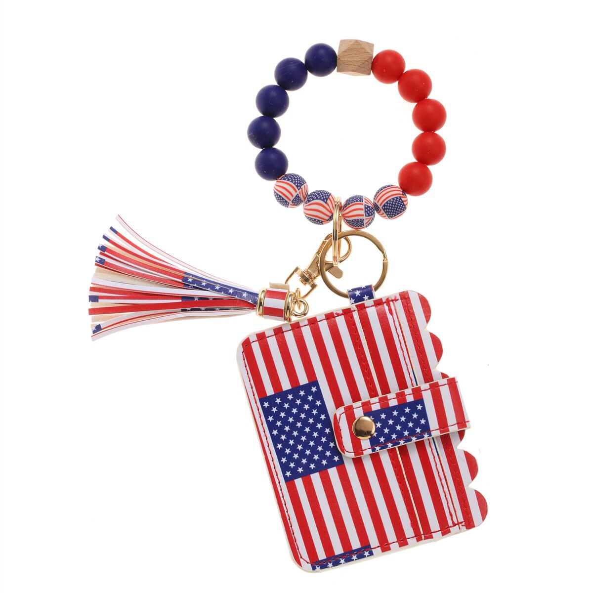 American Flag Wristlet Bracelet Keychain Wallet for Women Credit Card Holder Tassel Keyring Bangle Lipstick Holder