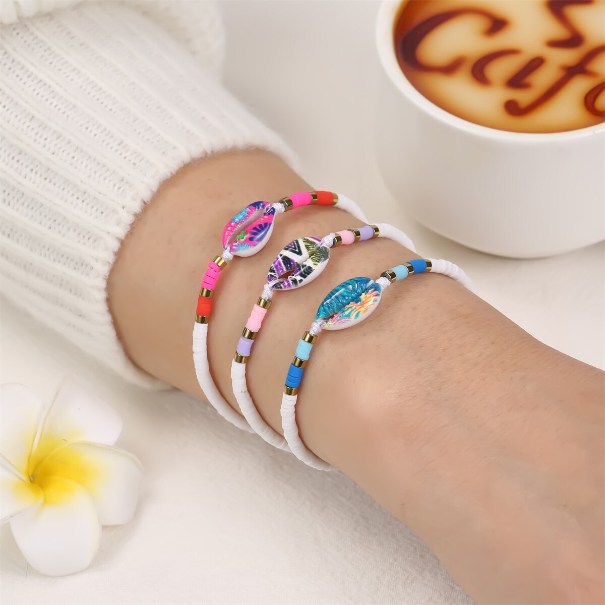 12pcs/set Soft Clay Shell Charm Bracelets Set for Women Kids Handmade Braided Rope Adjustable Bracelet Anklets Trendy Jewelry