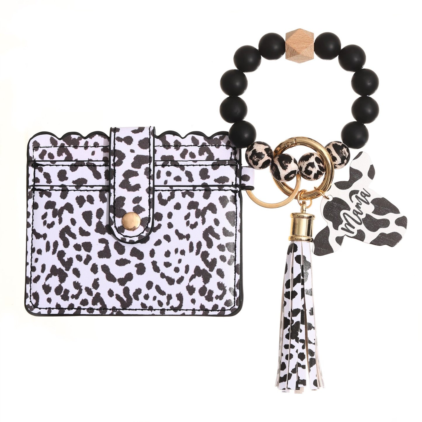 Fashion Silicone Beads Tassel Bracelet Wristlet Bangle with Leopard Print Wallet Key Card Holder Large Round Keyring for Women