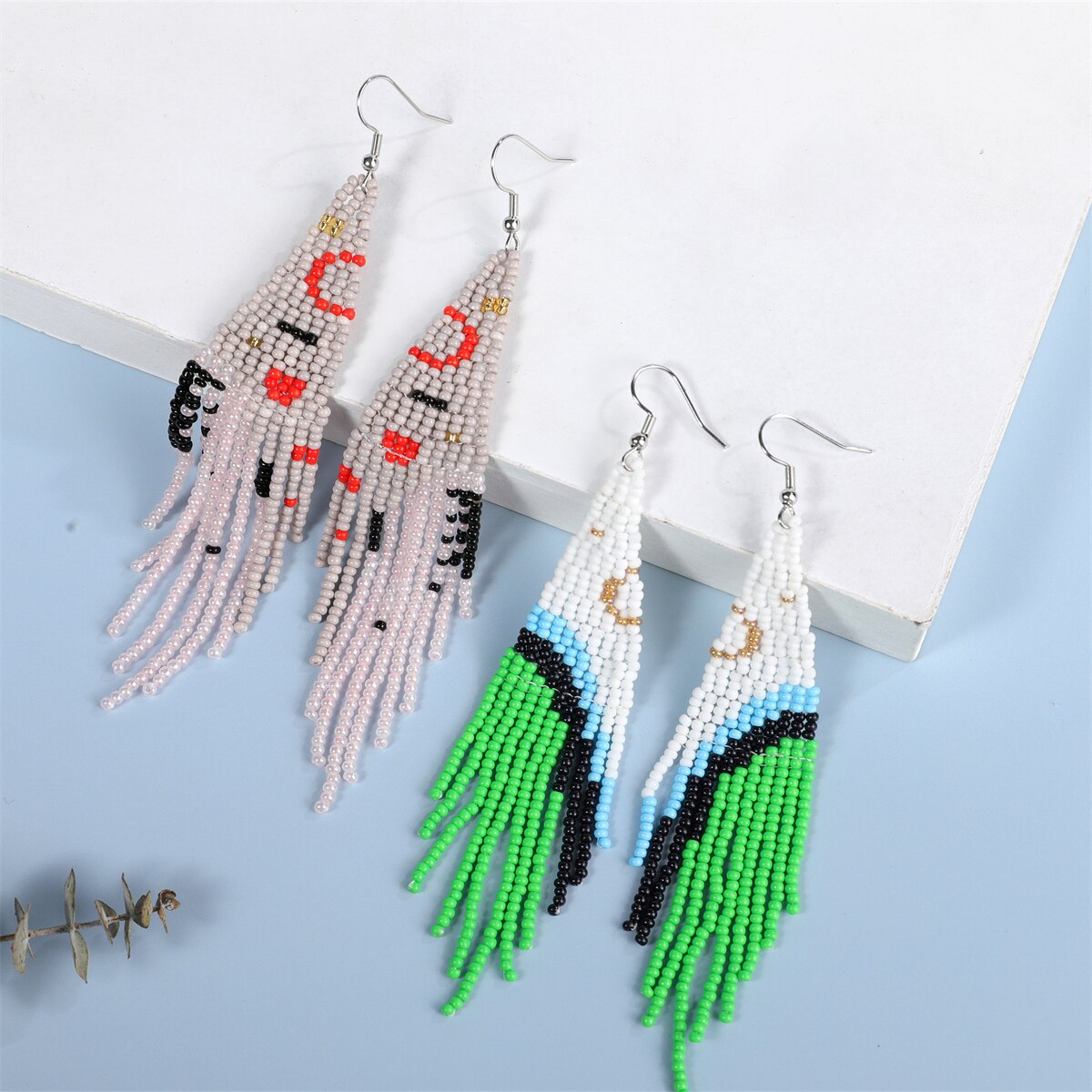 Bohemian Handmade Beaded Long Earrings for Women Seed Bead Statement Elastic Bangle Ethnic Jewelry
