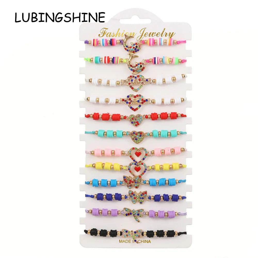 Women 12pcs Butterfly Dragonfly Love Dolphin Pendant Bracelet Colored Crystal Inlaid Adjustable Couple Bracelets Anklets Gift