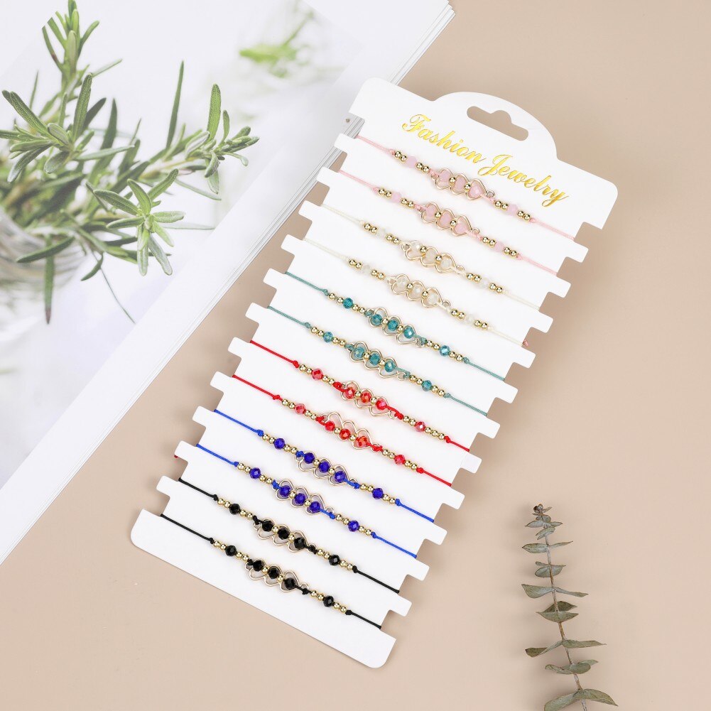 12pcs Crystal Beads Hollow Heart Bracelets for Women Girls Woven Rope Braided Bangle Child Fashion Jewelry Gifts