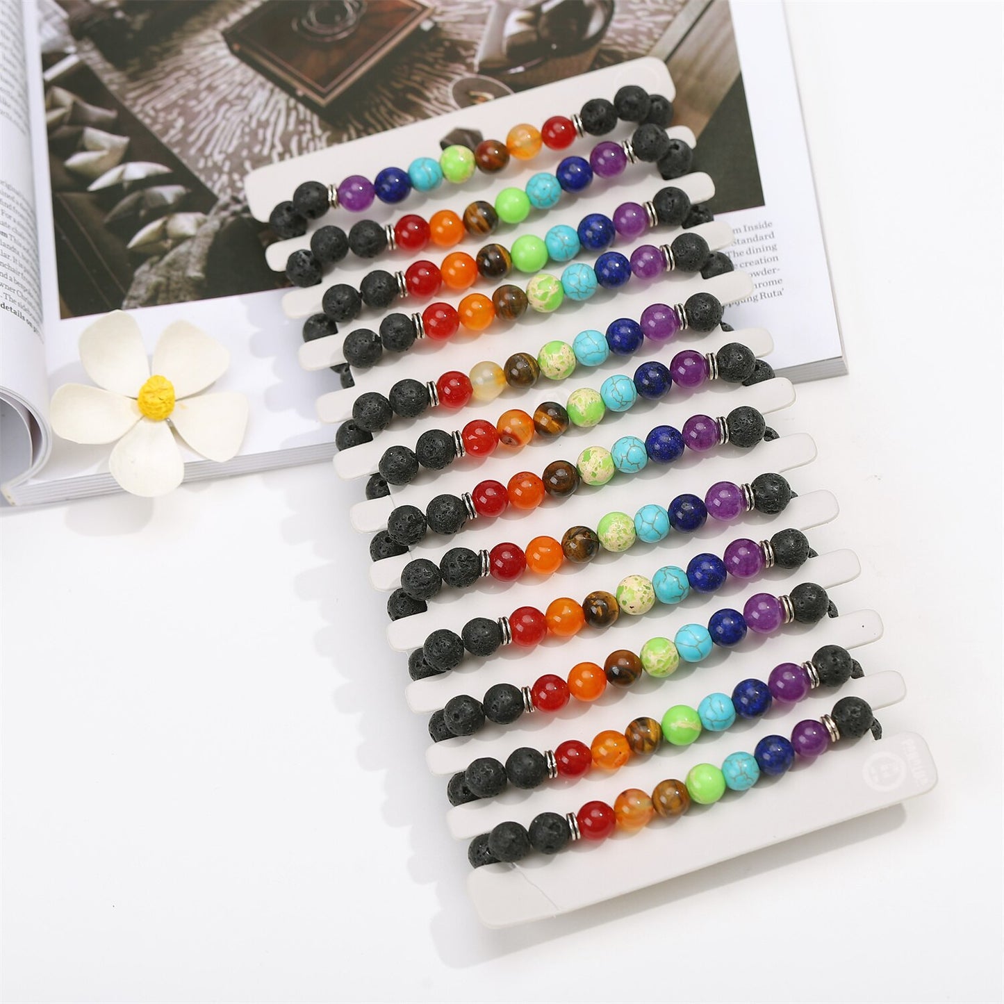 12pcs/lot 7 Chakra Healing Bead Bracelet Volcanic Rock Natural Stone Mala Pendant Buddha Balance Bracelets for Women Men Jewelry