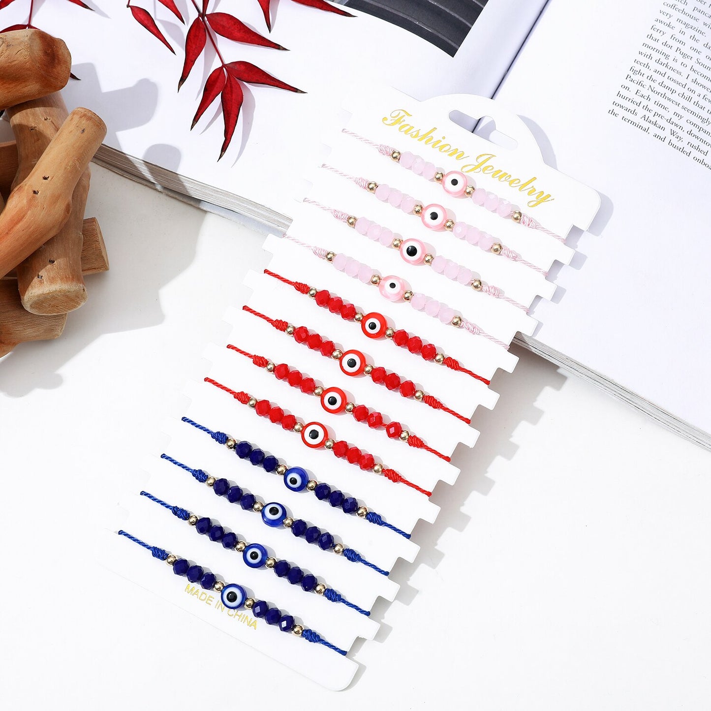 12pcs/lot Charms Knitted Bracelet for Women Adjustable Turkey Blue Evil Eye Crystal Beads Bracelets Anklet Jewelry Wholesale