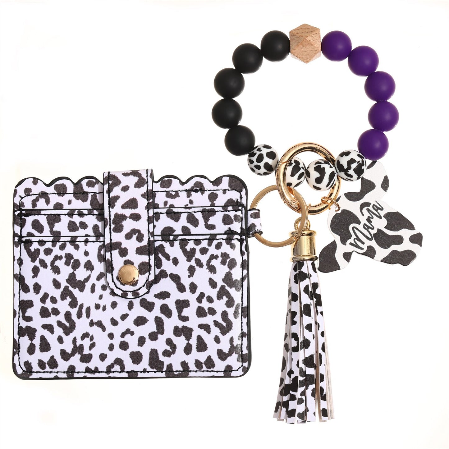 Fashion Silicone Beads Tassel Bracelet Wristlet Bangle with Leopard Print Wallet Key Card Holder Large Round Keyring for Women
