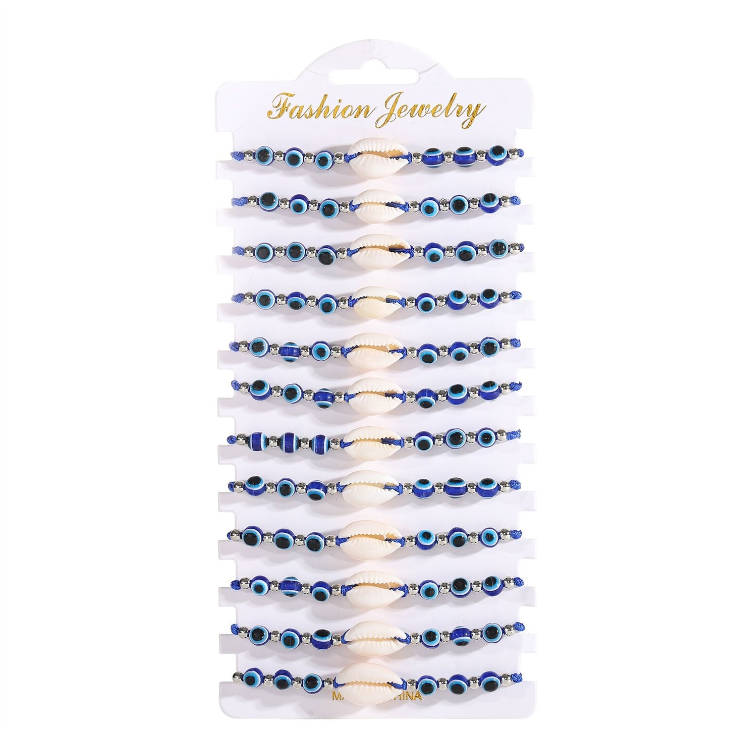 12pc/set Blue Evil Eye Beads Shell Charms Bracelets Men Women Adjustable Ocean Beach Vacation Jewelry Handmade Braided Anklet