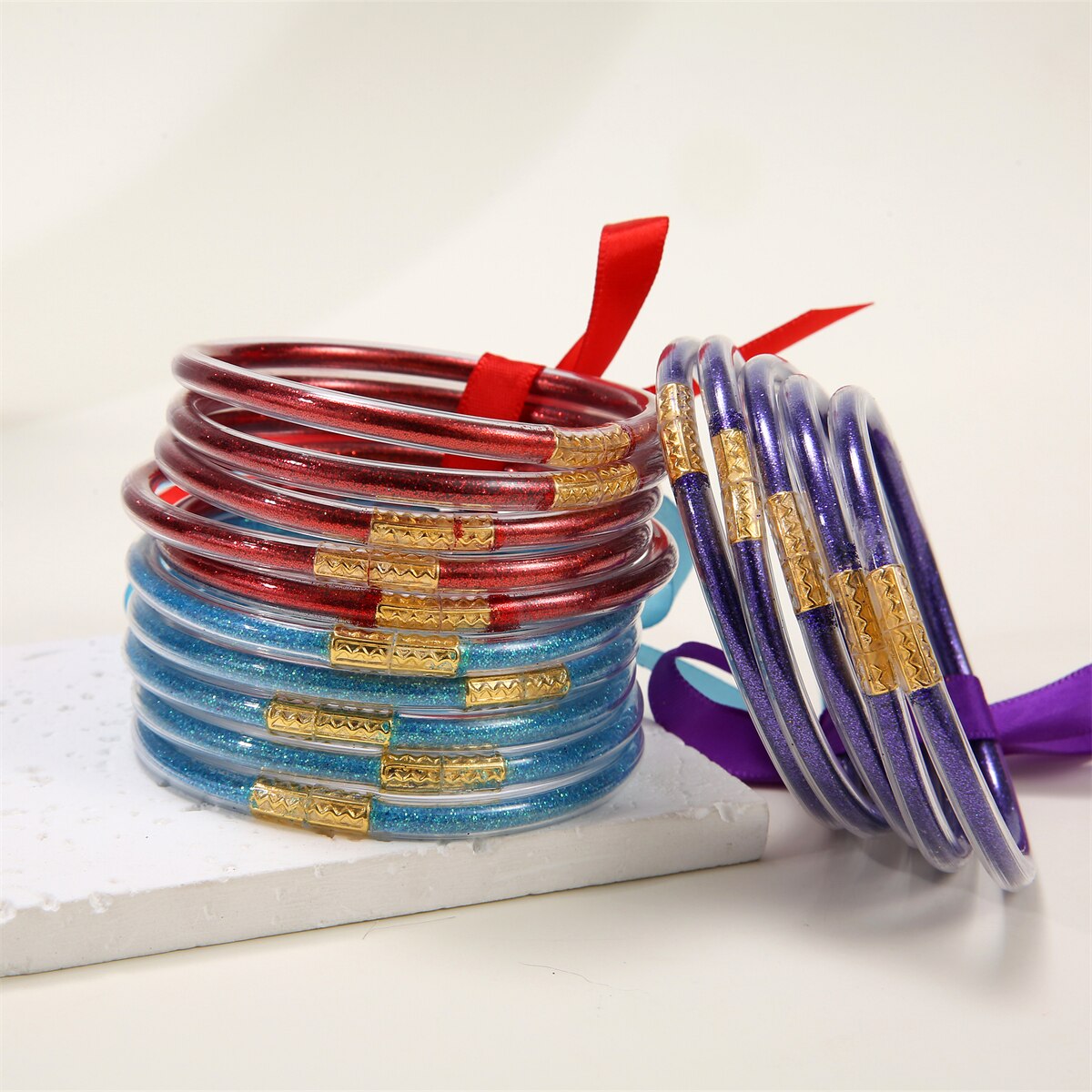 Multi-Layered Jelly Bangles Bracelets for Women Glitter Filled Jelly Clear Silicone Bracelets for Girls Wide Wristband Jewelry
