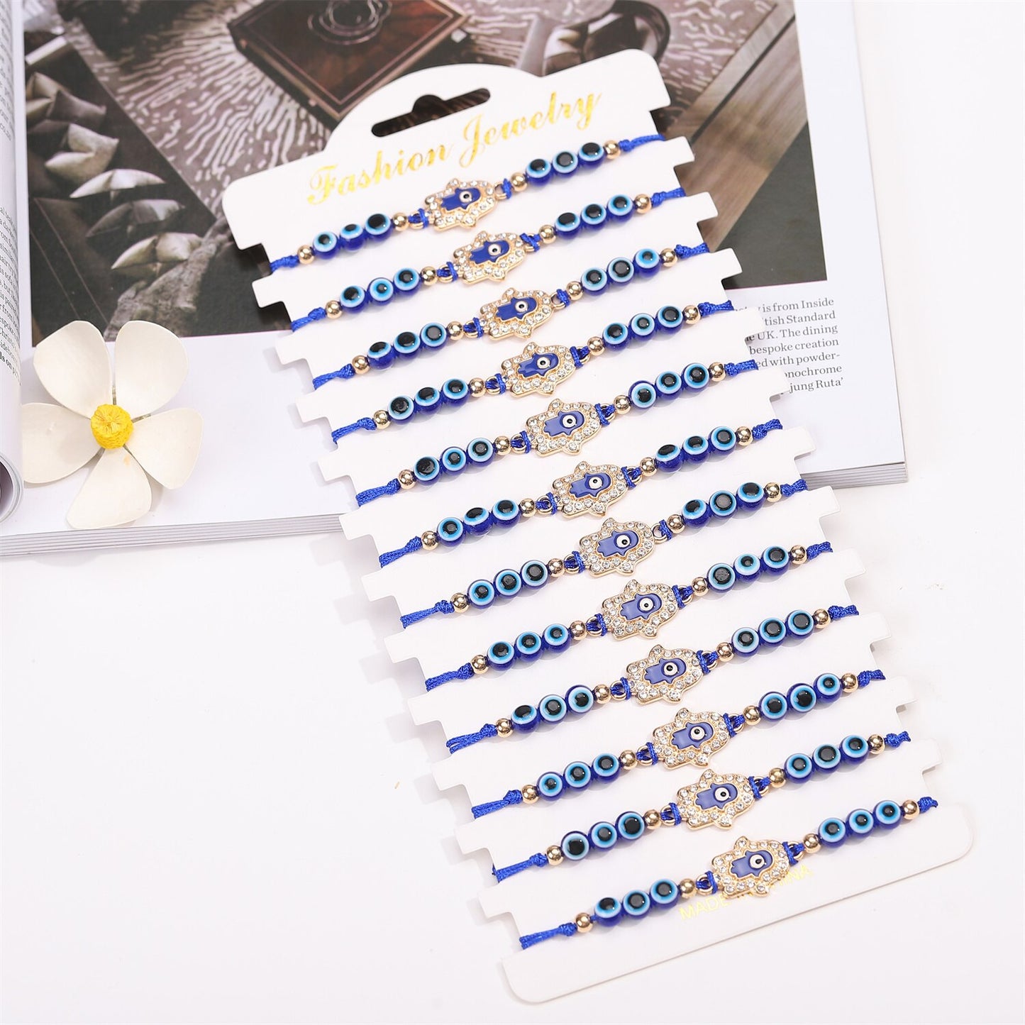 12pcs/lot Blue Turkey Evil Eye Hand of Fatima Charms Bracelet Thousand Eyes Wish Handmade Women's Resins Bead Bangle Jewelry