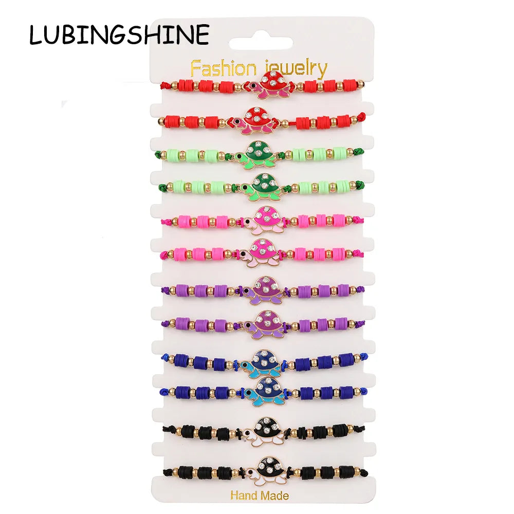 12pc/lot Handmade Woven Rope Chain Turtle Bracelet Colored Polymer Clay Tablets Adjustable Bracelets for Girls Cuff Jewelry