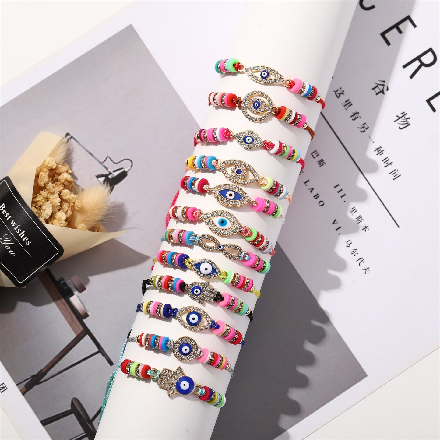12pcs Evil Eye Hand of Fatima Charms Bracelets for Women Adjustable Rope Chain Anklets Beach Handmade Jewelry