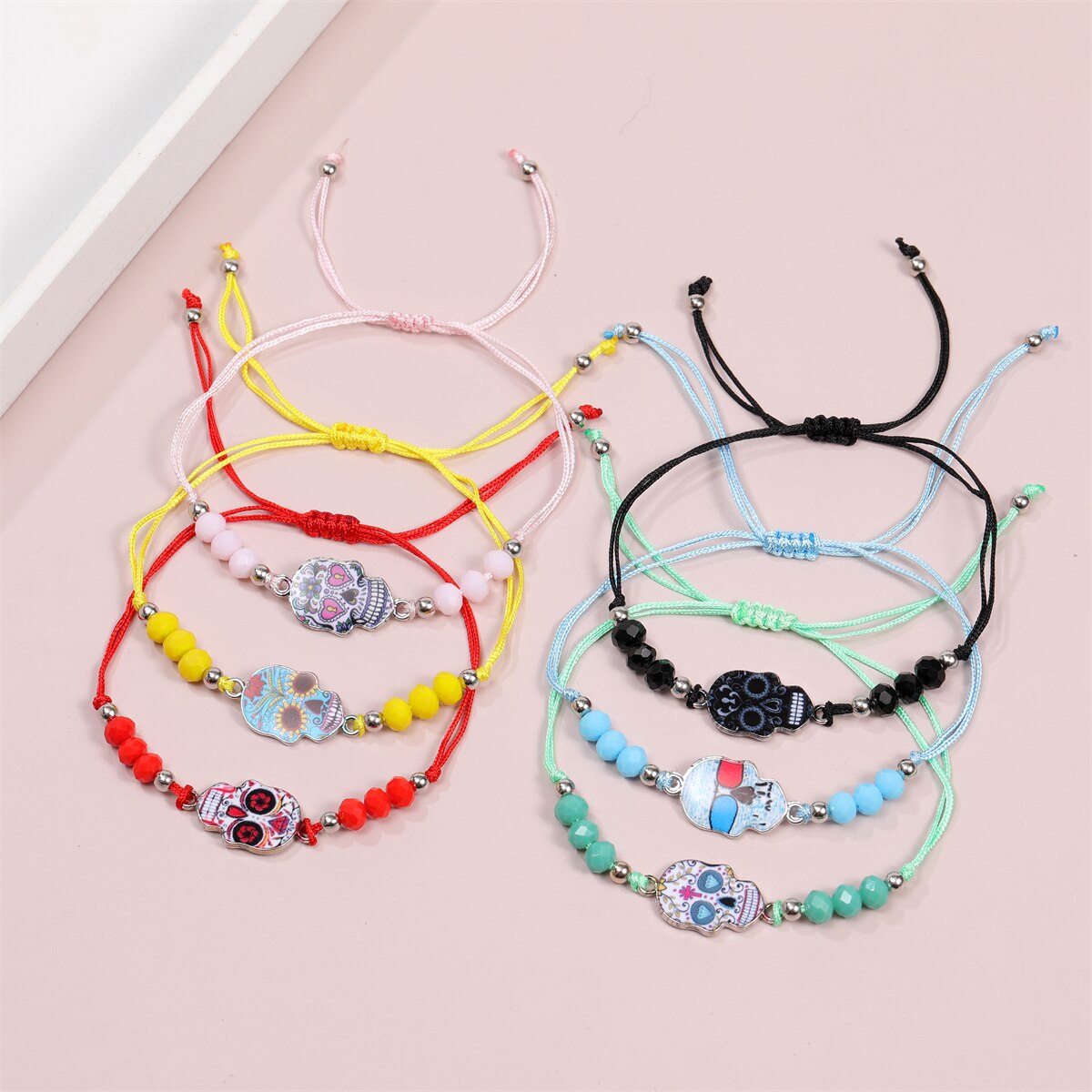 Enamel Skull Charms Elastic Bracelet for Women Adjustable Braided Rope Chain Rubber Band Wristband Jewelry Gift