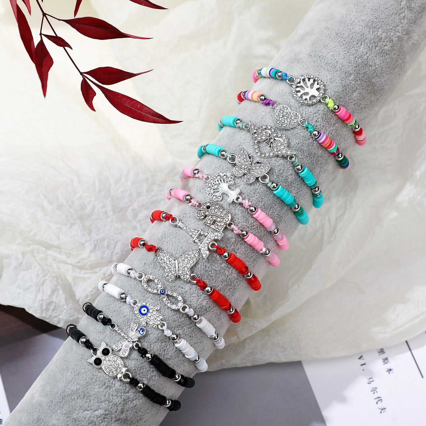 12pcs/Sets Butterfly Owl Animal Pendant Braided Bracelets for Women Child Soft Clay Adjustable Charms Rope Chain Anklets Jewelry