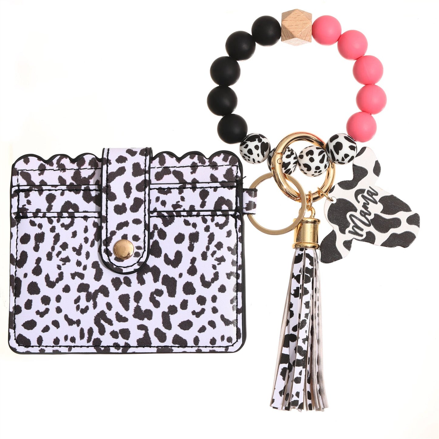 Fashion Silicone Beads Tassel Bracelet Wristlet Bangle with Leopard Print Wallet Key Card Holder Large Round Keyring for Women