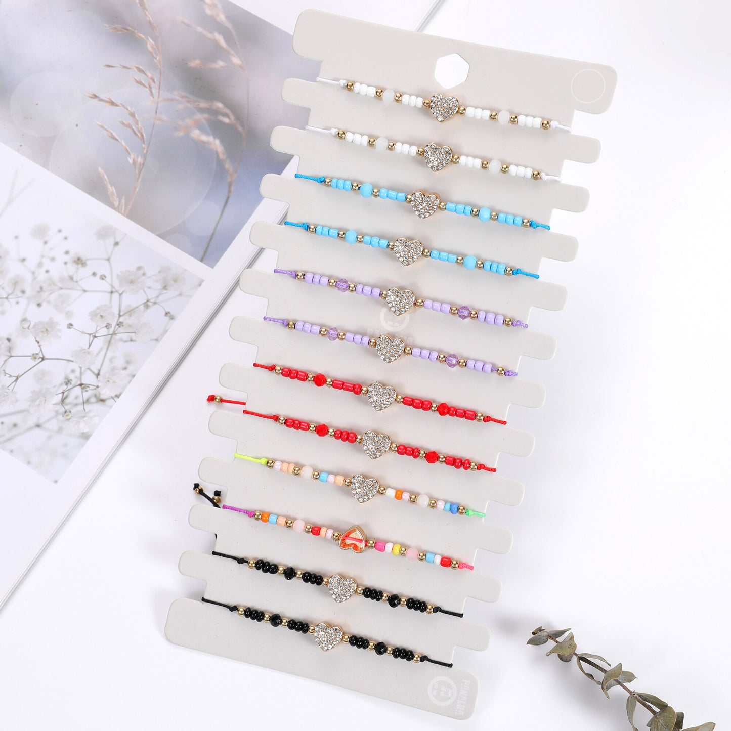 12Pcs/lot Full Rhinestone Heart Braided Bracelets for Women Girl Handmade Thin String Rope Bracelets Anklets Party Jewelry