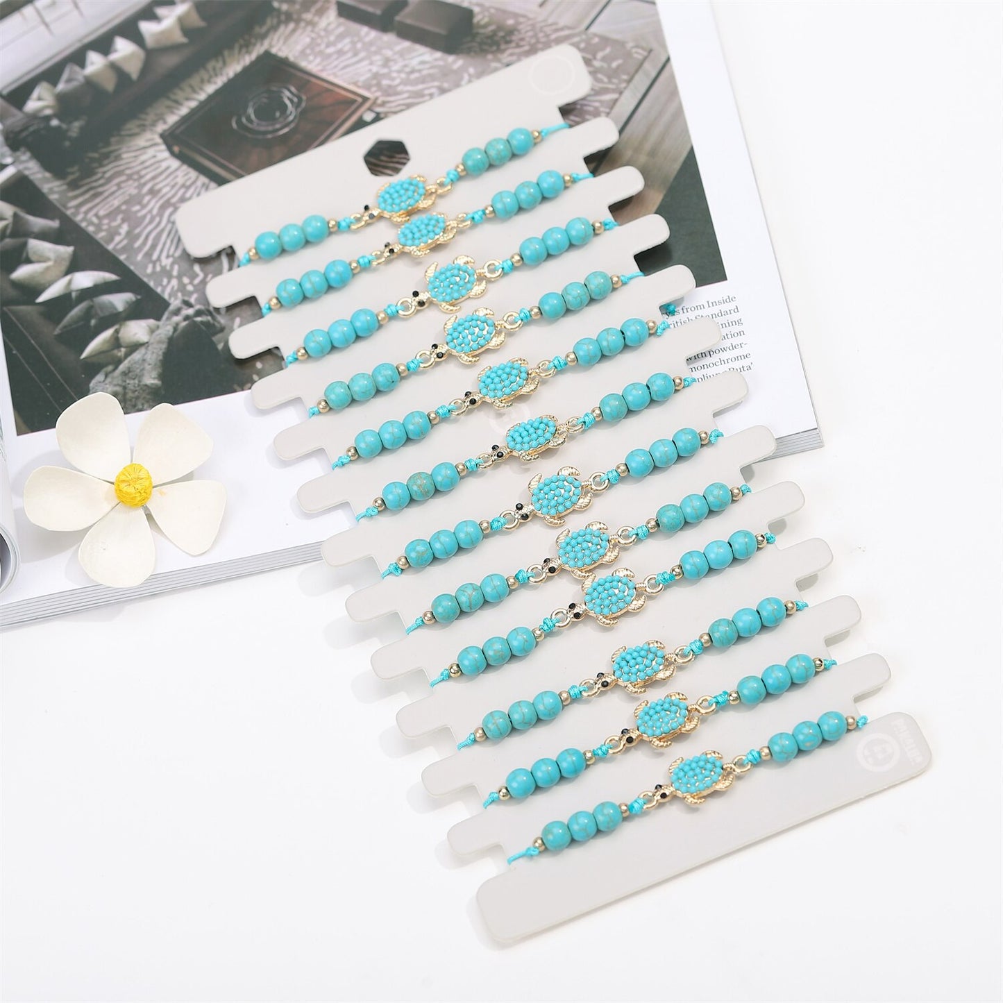 12pcs/set Green Natural Stone Turtle Charms Braided Bracelet Women Fatima Hand Adjustable Rope Chain Yoga Anklet Jewelry